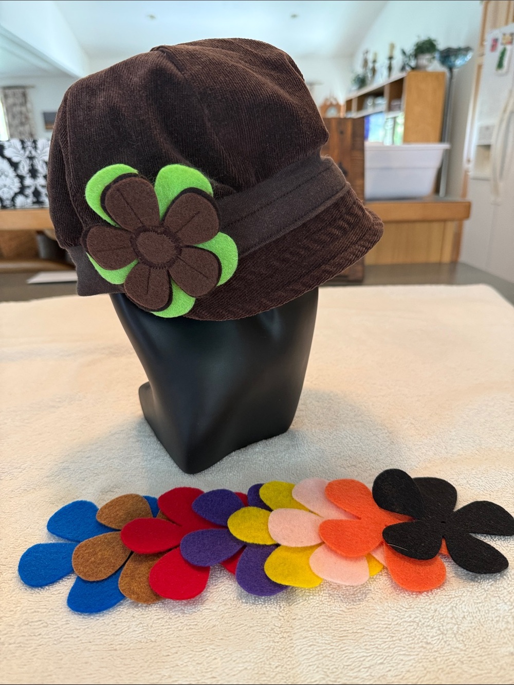 Brown Corduroy Newsboy Cap Hat with Interchangeable Colored Flower Accents